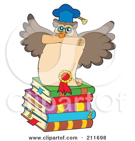 Royalty-Free (RF) Clipart Illustration of an Owl Teacher On A Stack Of Books With A Diploma by visekart