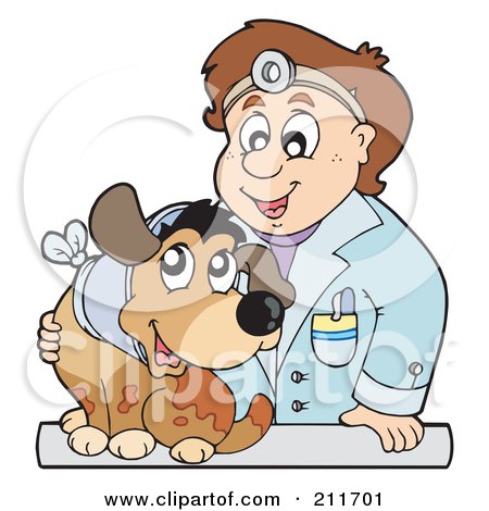 Royalty-Free (RF) Clipart Illustration of a Friendly Male Veterinarian Man Tending To A Dog With A Hurt Neck by visekart
