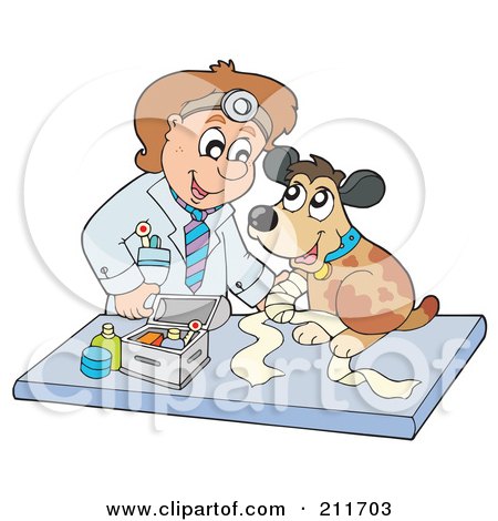 Royalty-Free (RF) Clipart Illustration of a Friendly Male Veterinarian Assisting A Dog With A Hurt Paw by visekart