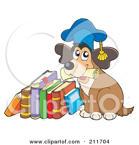 Royalty-Free (RF) Clipart Illustration of a Dog Teacher Holding A Diploma And Sitting By A Stack Of Books by visekart