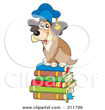 Royalty-Free (RF) Clipart Illustration of a Dog Teacher Holding A Diploma And Sitting On A Stack Of Books by visekart