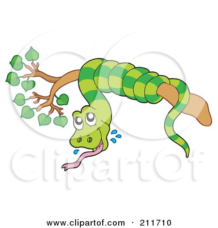 Royalty-Free (RF) Clipart Illustration of a Green Snake Entwined Around A Tree Branch by visekart