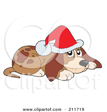 Royalty-Free (RF) Clipart Illustration of a Christmas Dog Wearing A Santa Hat And Resting by visekart