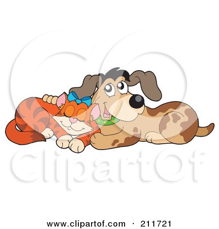 Royalty-Free (RF) Clipart Illustration of a Marmalade Cat And Dog Cuddling by visekart