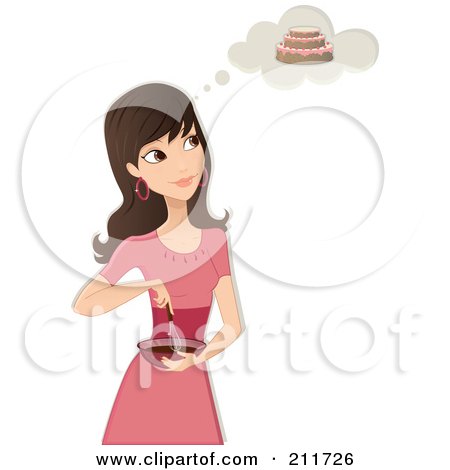 Royalty-Free (RF) Clipart Illustration of a Pretty Woman In A Pink Dress, Mixing Ingredients In A Bowl And Imagining Her Cake by Melisende Vector