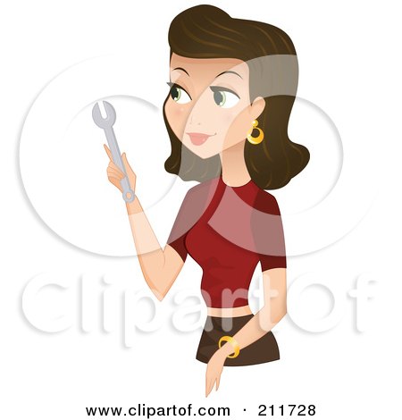 Royalty-Free (RF) Clipart Illustration of a Pretty Brunette Woman Holding A Wrench by Melisende Vector