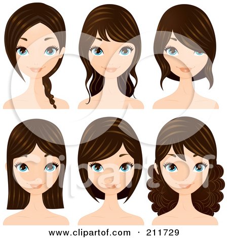 Royalty-Free (RF) Clipart Illustration of a Digital Collage Of A Pretty Blue Eyed, Brunette Woman With Different Hair Styles by Melisende Vector