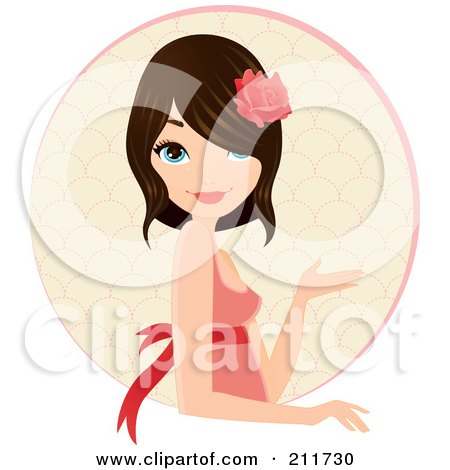 Royalty-Free (RF) Clipart Illustration of a Pretty Brunette Woman Wearing A Rose In Her Hair And Gesturing Over A Circle by Melisende Vector