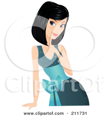 Royalty-Free (RF) Clipart Illustration of a Pretty Black Haired Woman In A Teal Dress, Touching Her Hair And Leaning On A Table by Melisende Vector