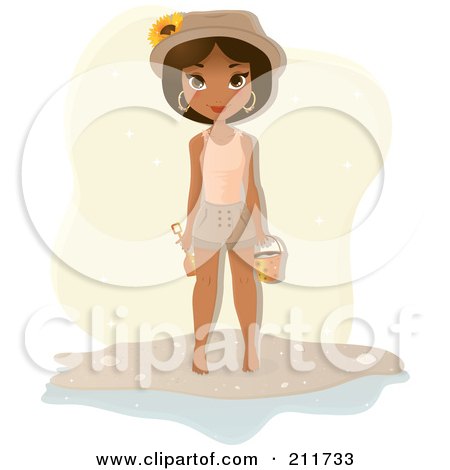 Royalty-Free (RF) Clipart Illustration of a Pretty Black Woman Holding A Bucket On A Beach by Melisende Vector