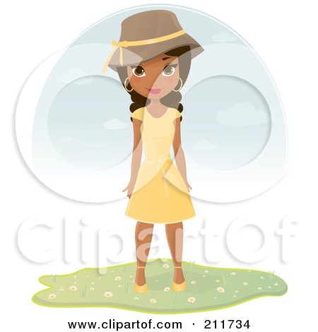 Royalty-Free (RF) Clipart Illustration of a Pretty Black Woman In A Yellow Summer Dress And Hat by Melisende Vector