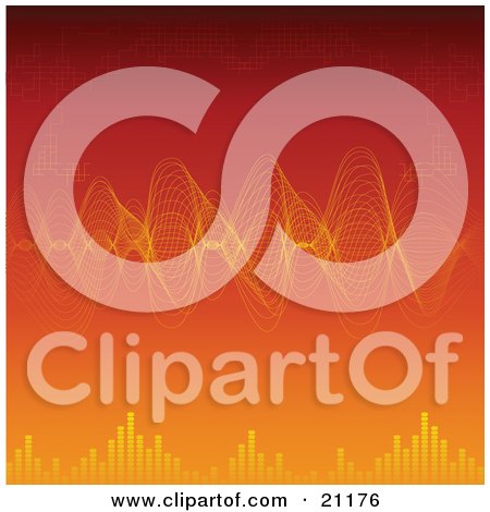 Clipart Illustration of Orange Sound Waves And Dotted Vertical Lines On A Gradient Red And Orange Background by elaineitalia