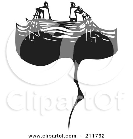 Royalty-Free (RF) Clipart Illustration of a Black And White Woodcut Scene Of Two Men Pulling In Fishing Nets On A Boat by xunantunich