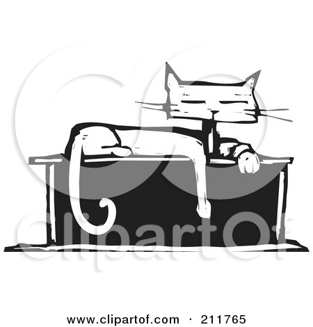 Royalty-Free (RF) Clipart Illustration of a Black And White Wood Cut Styled Cat Sitting On A Box by xunantunich