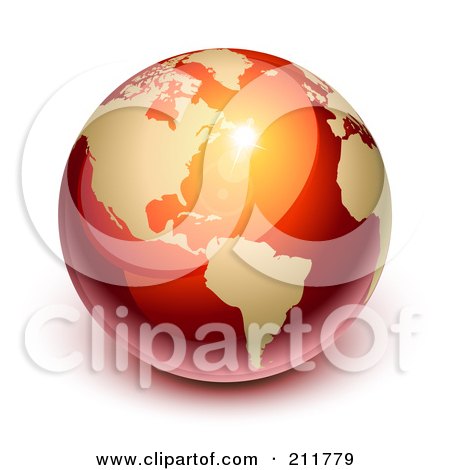 Royalty-Free (RF) Clipart Illustration of a 3d Shiny Red And Gold Globe Featuring America by Oligo