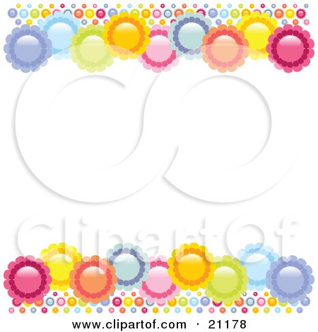 Clipart Illustration of Purple, Blue, Green, Orange, Pink And Yellow Flowers On The Top And Bottom Of A White Background by elaineitalia