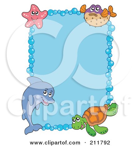 Royalty-Free (RF) Clipart Illustration of a Dolphin, Starfish, Fish And Sea Turtle Border Around Blue by visekart