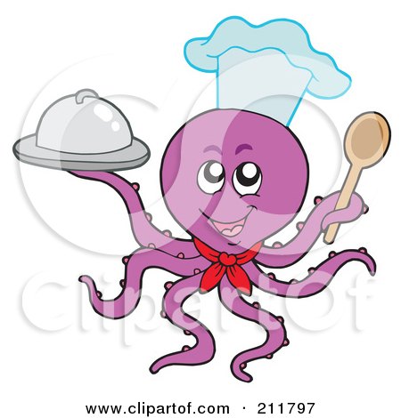 Royalty-Free (RF) Clipart Illustration of a Purple Octopus Chef Holding A Platter And Spoon by visekart