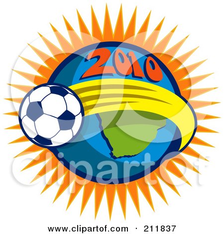 Royalty-Free (RF) Clipart Illustration of a 2010 Soccer World Cup Ball Around A Globe by patrimonio