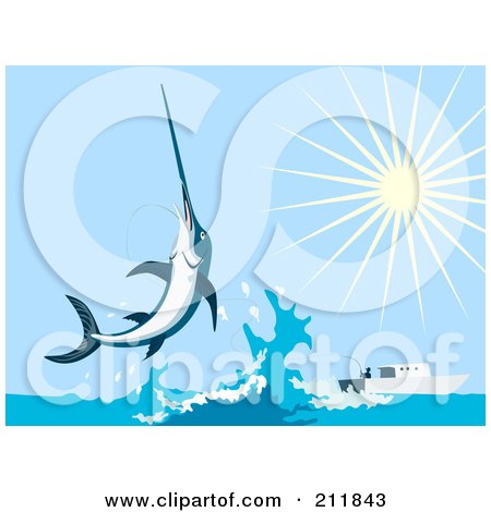 Royalty-Free (RF) Clipart Illustration of a Leaping Swordfish Near A Boat by patrimonio