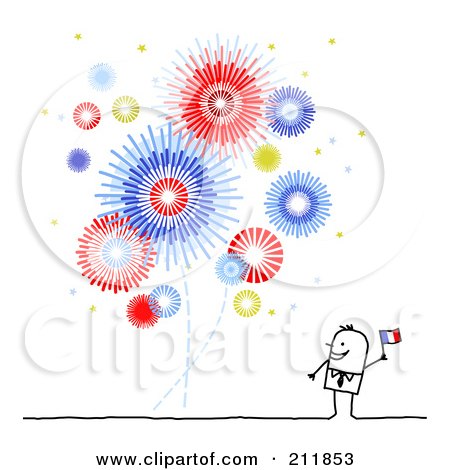 Royalty-Free (RF) Clipart Illustration of a Stick Man Waving A Flag And Watching Fireworks by NL shop