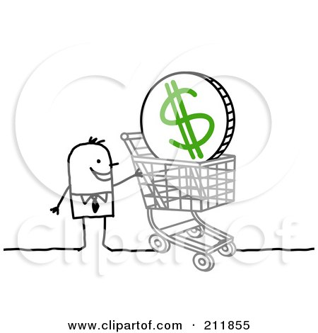 Royalty-Free (RF) Clipart Illustration of a Stick Businessman With A Dollar Coin In A Shopping Cart by NL shop