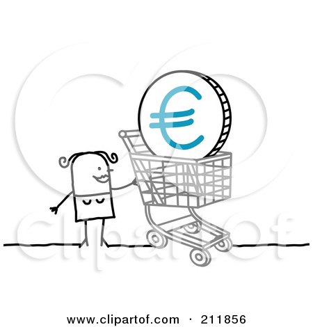 Royalty-Free (RF) Clipart Illustration of a Stick Woman Pushing A Euro Coin In A Shopping Cart by NL shop