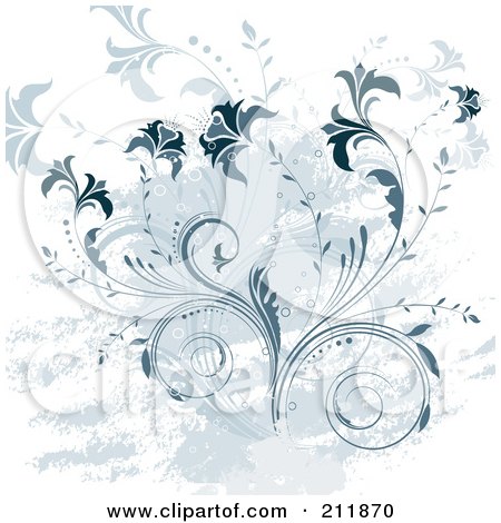 Royalty-Free (RF) Clipart Illustration of a Grungy Blue Floral Background With Smears On White by KJ Pargeter