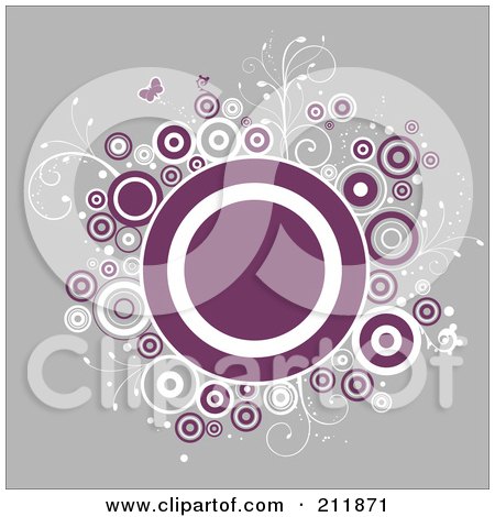 Royalty-Free (RF) Clipart Illustration of a Purple And White Floral Circle With Butterflies Over Gray by KJ Pargeter