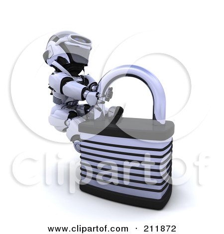 Royalty-Free (RF) Clipart Illustration of a 3d Silver Robot Pulling On A Padlock by KJ Pargeter