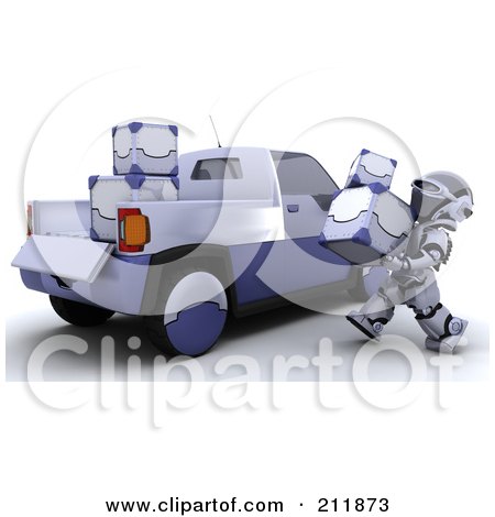 Royalty-Free (RF) Clipart Illustration of a 3d Silver Robot Loading 3d Metal Boxes Into A Truck by KJ Pargeter