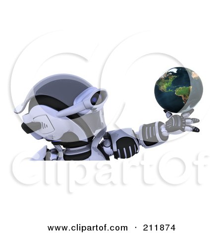 Royalty-Free (RF) Clipart Illustration of a 3d Silver Robot Holding Out A Globe In His Hand by KJ Pargeter