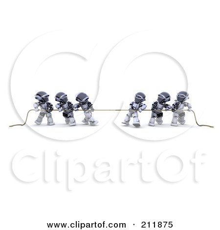 Royalty-Free (RF) Clipart Illustration of 3d Silver Robots Playing Tug Of War by KJ Pargeter