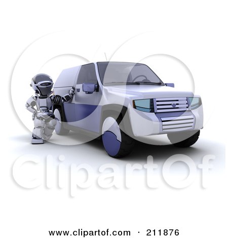 Royalty-Free (RF) Clipart Illustration of a 3d Silver Robot Standing By A Delivery Truck by KJ Pargeter