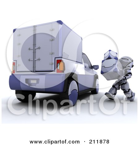 Royalty-Free (RF) Clipart Illustration of a 3d Silver Robot Loading 3d Metal Boxes Into A Delivery Truck by KJ Pargeter