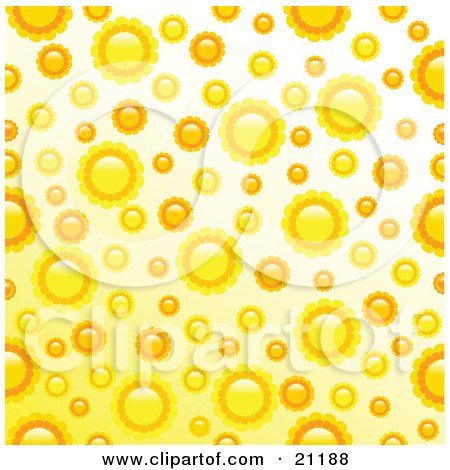 Clipart Illustration of a Yellow Background Of Orange And Yellow Flowers In Different Sizes by elaineitalia