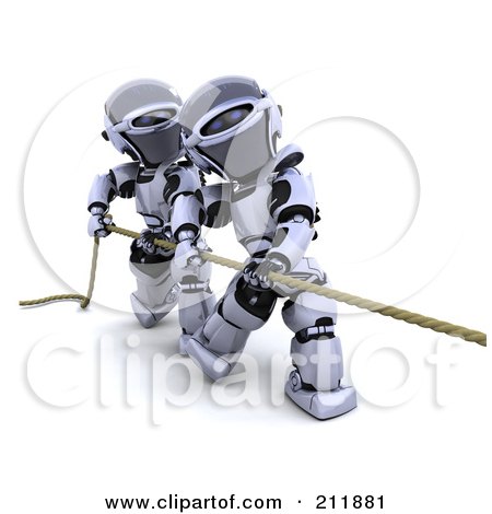Royalty-Free (RF) Clipart Illustration of 3d Silver Robots Working Together To Play Tug Of War by KJ Pargeter