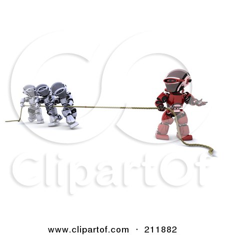 Royalty-Free (RF) Clipart Illustration of 3d Silver And Red Robots Playing Tug Of War by KJ Pargeter