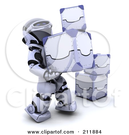 Royalty-Free (RF) Clipart Illustration of a 3d Silver Robot Moving 3d Metal Boxes by KJ Pargeter