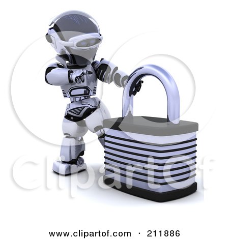 Royalty-Free (RF) Clipart Illustration of a 3d Silver Robot Holding On To A Padlock by KJ Pargeter