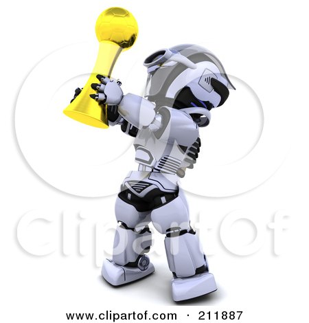 Royalty-Free (RF) Clipart Illustration of a 3d Silver Robot Holding A Golden Soccer Trophy by KJ Pargeter