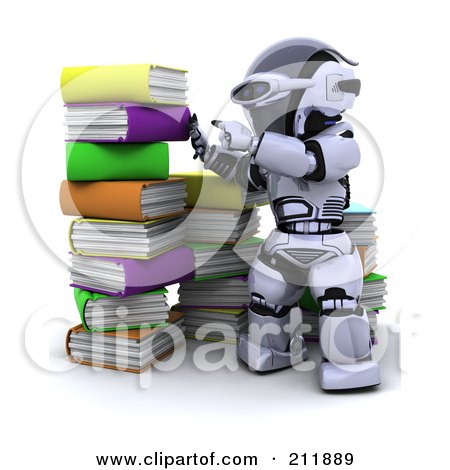 Royalty-Free (RF) Clipart Illustration of a 3d Silver Robot Stacking Colorful Books by KJ Pargeter