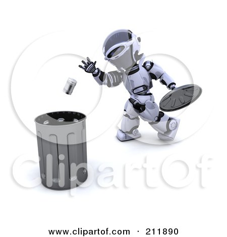 Royalty-Free (RF) Clipart Illustration of a 3d Silver Robot Tossing A Tin Can Into A Trash Bin by KJ Pargeter