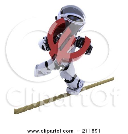 Royalty-Free (RF) Clipart Illustration of a 3d Silver Robot Carrying A Euro Symbol Over A Tight Rope by KJ Pargeter