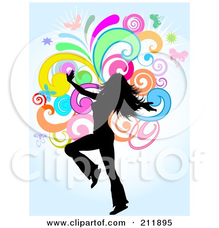 Royalty-Free (RF) Clipart Illustration of a Dancing Woman Silhouetted Over Colorful Swirls On Blue by KJ Pargeter