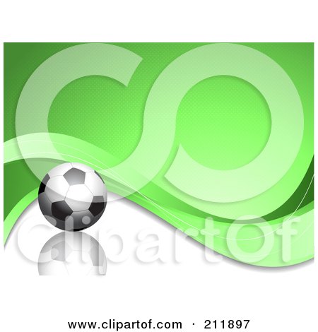 Royalty-Free (RF) Clipart Illustration of a Soccer Ball On A Wavy Green And Reflective White Background by KJ Pargeter