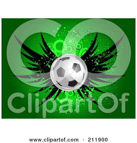 Royalty-Free (RF) Clipart Illustration of a Winged Soccer Ball On A Grungy Halftone Green Background by KJ Pargeter