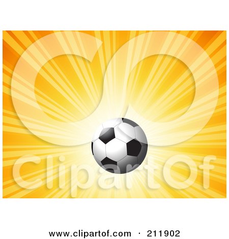 Royalty-Free (RF) Clipart Illustration of a Soccer Ball On A Shiny Orange Background by KJ Pargeter
