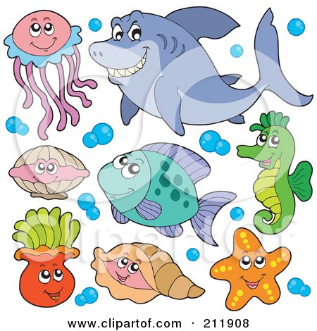 Royalty-Free (RF) Clipart Illustration of a Digital Collage Of A Jellyfish, Clam, Anemones, Shells, Starfish, Fish, Seahorse And Shark by visekart