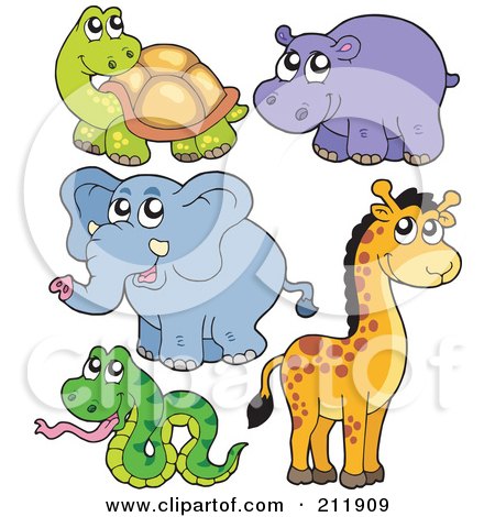 Royalty-Free (RF) Clipart Illustration of a Digital Collage Of A Cute Tortoise, Hippo, Elephant, Giraffe And Snake by visekart